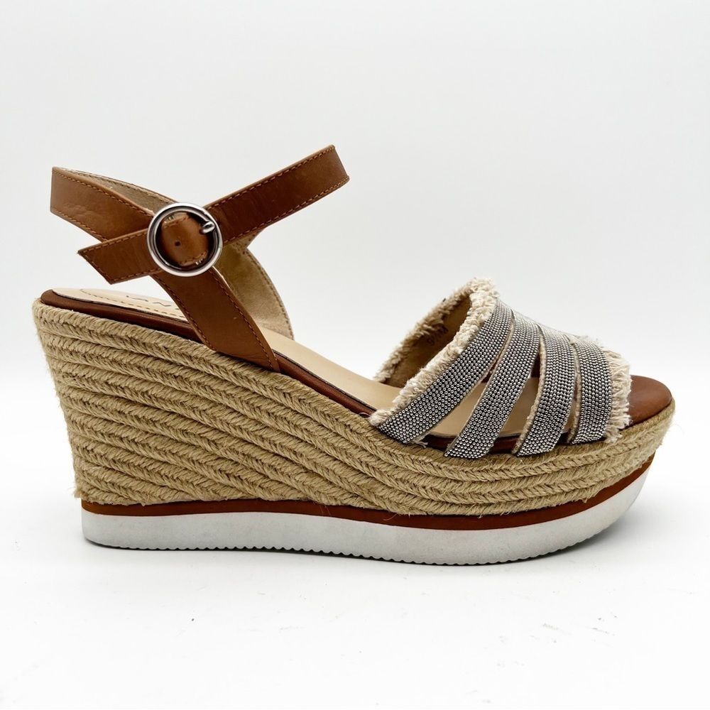Vaneli Caila Tan Natural Canvas Silver Beaded Espadrille Wedge Boho Sandal 9.5